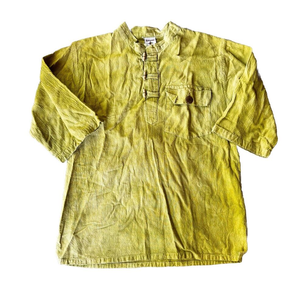 Vintage Kathmandu Imports Top Sz M Nepal Cotton Green 3/4 Sleeve High Neck